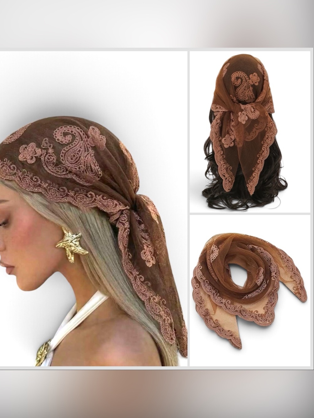 Brown Lace Embroidered Hair Scarf Headwrap